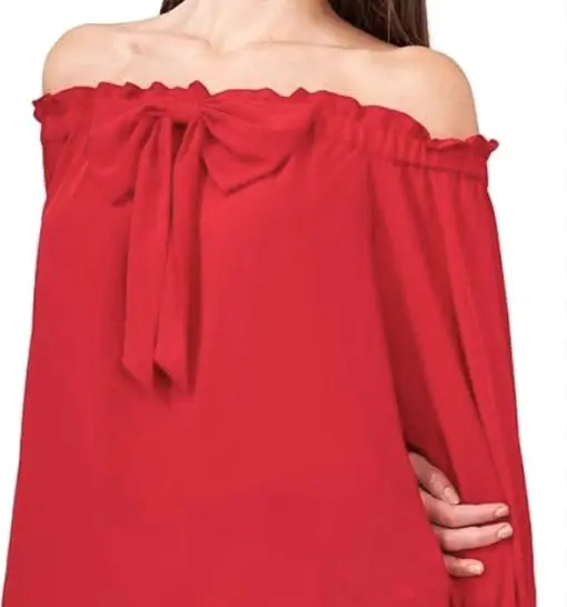 Riley & Rae Women's Off The Shoulder Bow Blouse light Red / Blush Size XL