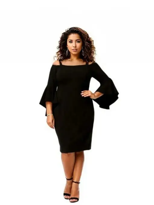 R&M RICHARDS Womens Black Cold Shoulder Bell Sleeve Jewel Neck Midi Party Sheath Dress Plus 20W