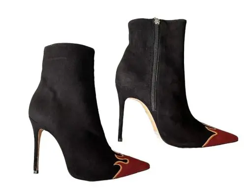 SCHUTZ Lauan Black Red Flames Suede Heeled Bootie. 7B