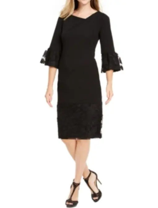 SIGNATURE Womens Black Embroidered 3/4 Sleeve Jewel Neck Above the Knee Sheath Wear to Work Dress  Size PM