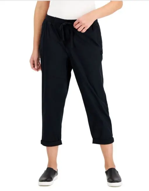 Style & Co Petite Pull-on Cuffed Twill Ankle Pants,  Deep Black PXL