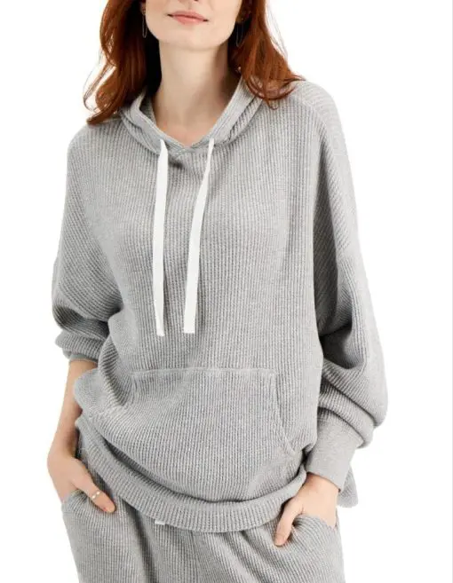 Style & Co Petite Waffle-Knit Cotton Hoodie Gray Size XL P