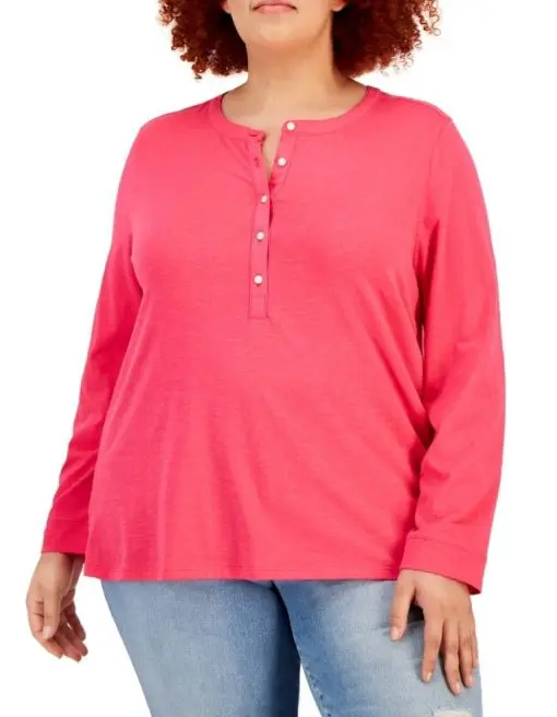 Style & Co Plus Size Henley Top,  Fire Pink 2x