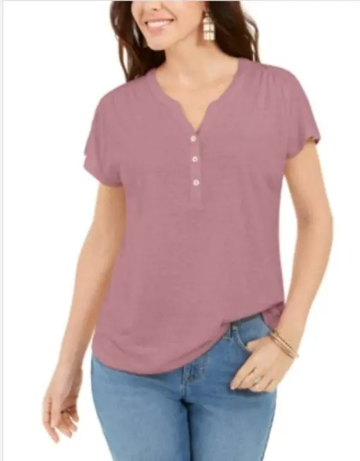 Style & Co Women S Dolman Sleeve Henley Linen Blend Top Purple Size X-Large