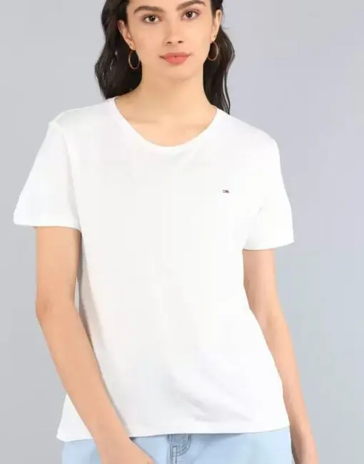 TOMMY HILFIGER Women Solid Round Neck Pure Cotton White T-Shirt 0X