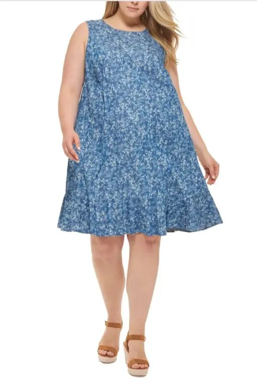 Tommy Hilfiger Womens Blue Floral Sleeveless Jewel Neck Knee Length Shift Dress Plus 20W