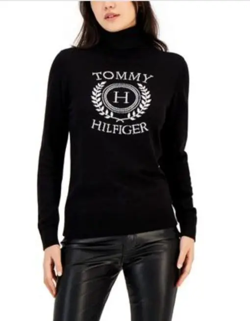 Tommy Hilfiger Women's Tonal-Crest-Logo Stella Cotton Sweater - Black/ivory S