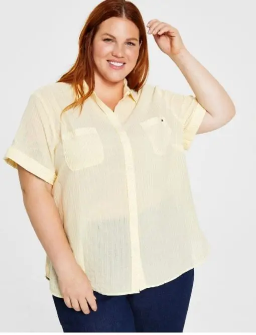 TOMMY HILFIGER Womens Yellow Pocketed Rolled Cuffs Shirttail Step Hem Striped Short Sleeve Collared Button up Top Plus 2X