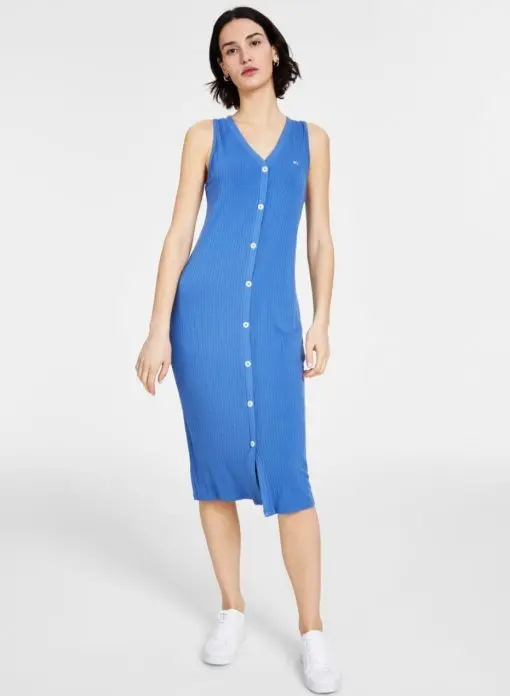 Tommy Jeans Women's Ribbed Button MIDI Bodycon Dress - Blue - Size M