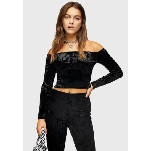 Topshop Black Crushed Velvet Bardot Top Off the Shoulder Size 6