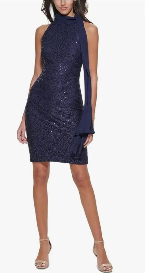 Vince Camuto Women's Drape Neck Sequin Lace Cocktail Dress Blue 4P