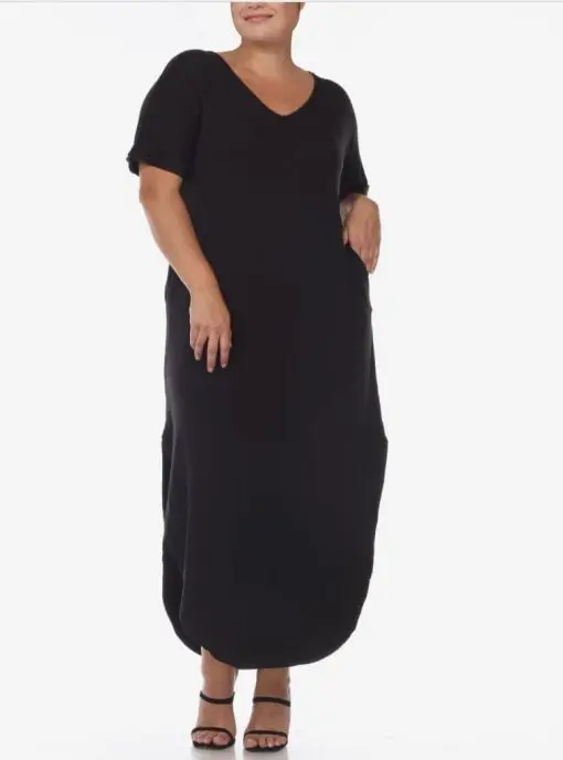 White Mark Women's Plus Size Short Sleeve V-Neck Maxi Dress, Black, 1XL