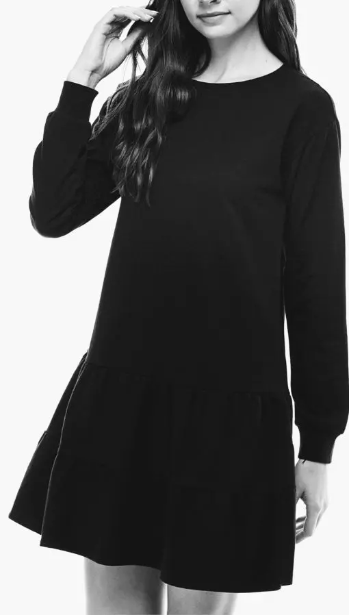 Womens Ruffled Long Sleeve Crew Neck Short A-Line Dress XS Black