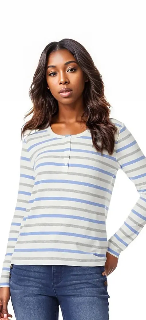 Women's Stripe Rib Scoop Neck Long Sleeve Henley Top S