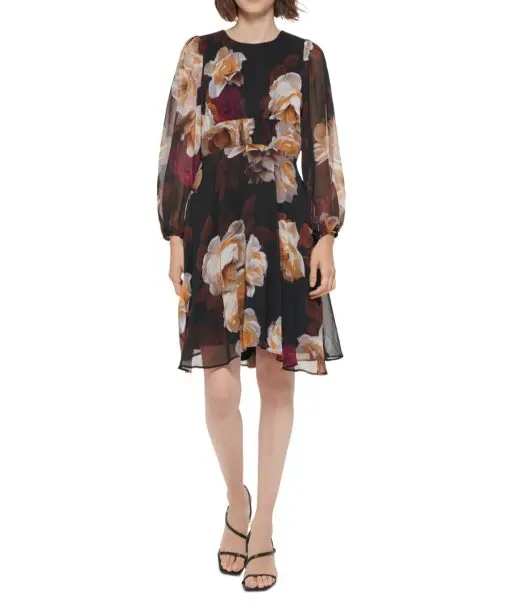 Calvin Klein Chiffon Floral Long Sleeve Shift (Persmn Multi) Women's Dress size 6