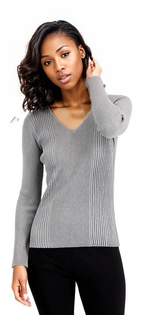 Alfani Women's Metallic Ribbed V-Neck Sweater, - Light Greyst Sz L