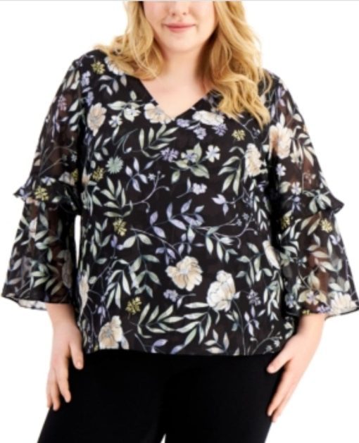 Calvin Klein Women's Blouse Plus Floral Tiered Sleeve 2X