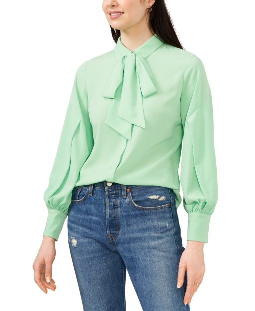 Riley & Rae Green Tie Neck Blouse XXS - Women's Work Tops