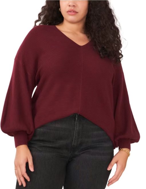 1.state Burgundy V-Neck Sweater - Plus Size Women's Knitwear