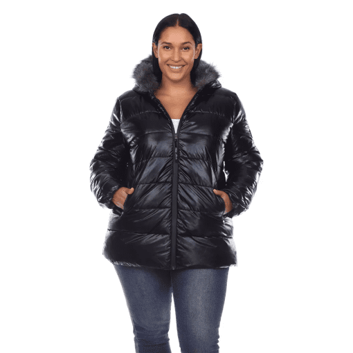 White Mark Plus Size Metallic Puffer Coat Black 2X - Image 2