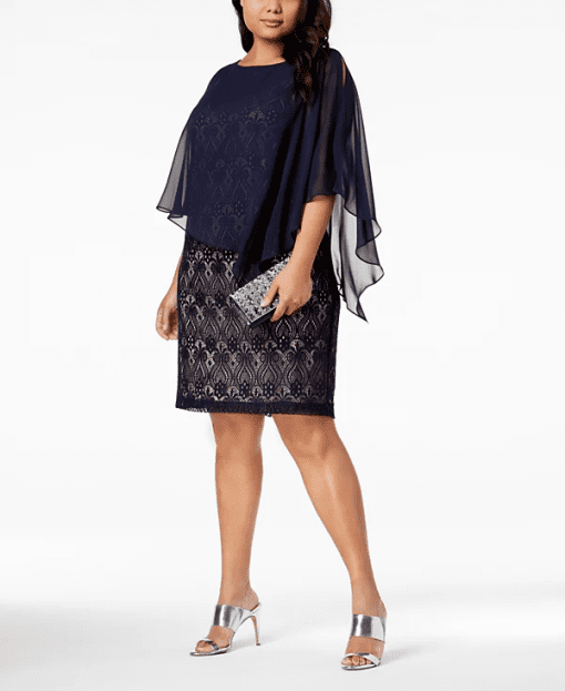 Connected Plus Size Chiffon-Overlay Lace NavyMocha 22W - Image 2