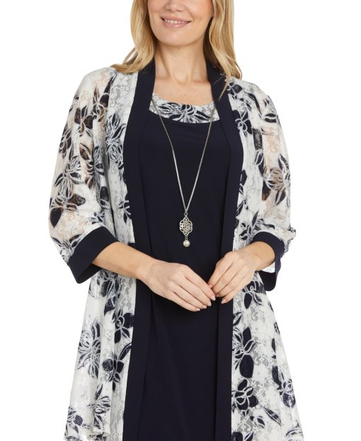 R & M Richards Petite 2-Pc. Printed Jacket & Necklace Dress Set - Navy/white 14P