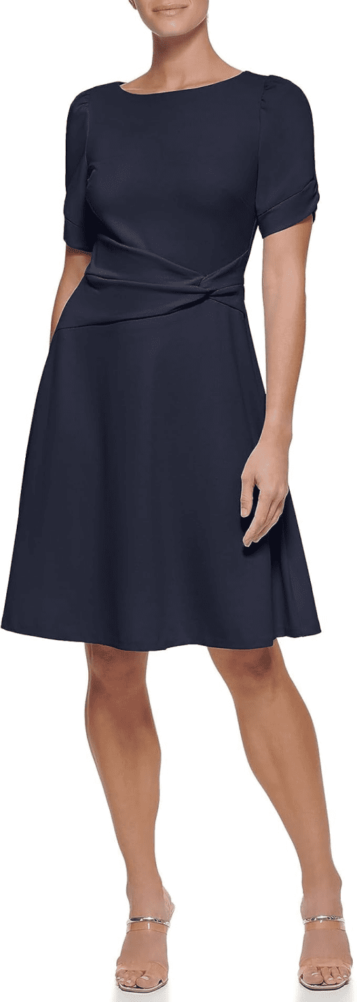 DKNY Twist-Sleeve Fit Flare Dress Navy 2 - Image 2