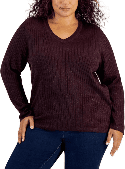 Tommy Hilfiger Plus Size Ribbed Metallic-Thre Aubergine 1X - Image 2