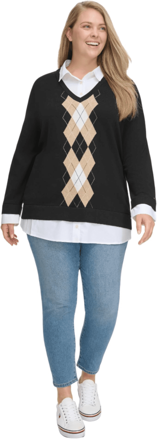 Tommy Hilfiger Plus Size Cotton Argyle Layere Black Multi 1X - Image 2