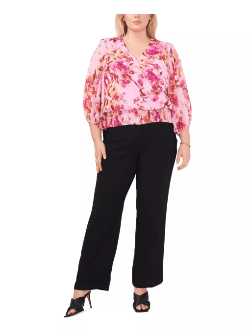 MSK Plus Size V-Neck Smocked-Botto PinkOrangePurple 1X - Image 4