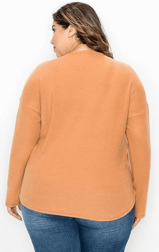 COIN 1804 Plus Size Cozy Rib V-neck Dolm Caramel 1X - Image 4