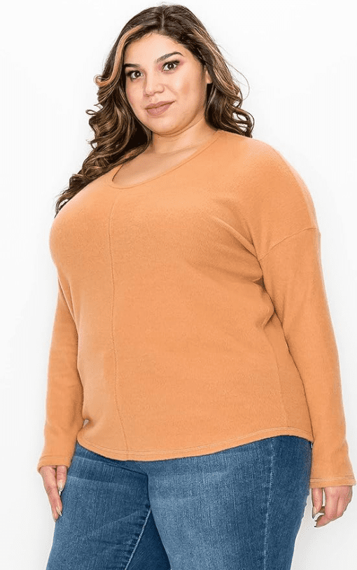 COIN 1804 Plus Size Cozy Rib V-neck Dolm Caramel 1X - Image 3