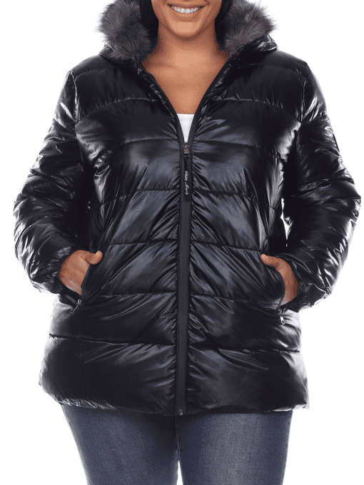 White Mark Plus Size Metallic Puffer Coat Black 1X - Image 2