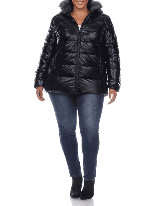 White Mark Plus Size Metallic Puffer Coat Black 1X - Image 3