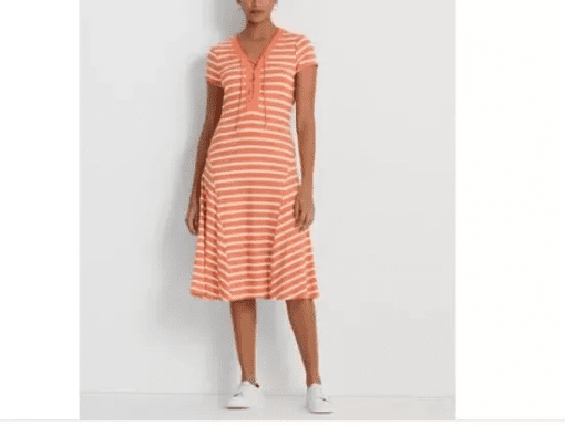 Lauren Ralph Lauren Womens Striped Lace-Up Jersey Portside CoralWhite 14 - Image 2