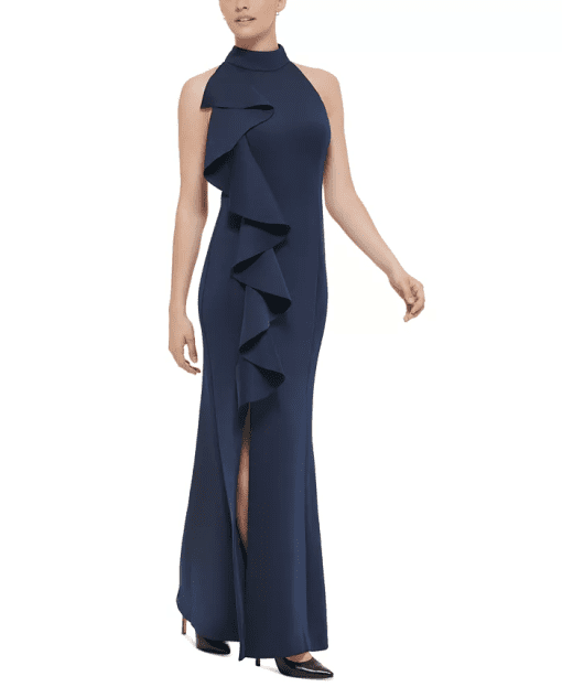 Jessica Howard Womens Ruffled Mock-Neck Gown Navy 12 - Image 3