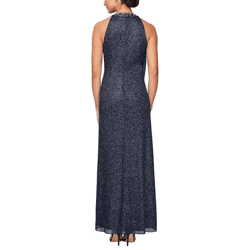 SL Fashions Beaded Halter Glitter Gown Navy Blue 14 - Image 3