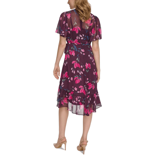 Calvin Klein Womens Floral-Print Faux-Wrap Aubergine Multi 12 - Image 3