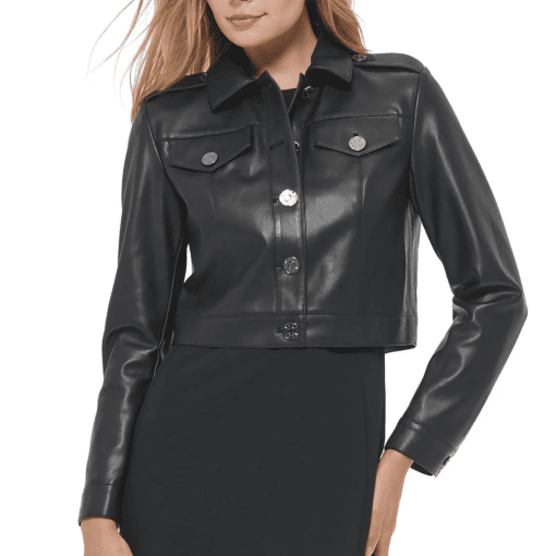 DKNY Womens Faux-Leather Cropped J Black 12 - Image 2