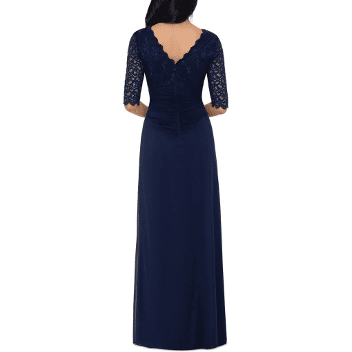 Betsy Adam Lace-Top Waterfall-Detail Gown Navy Blue 12 - Image 3