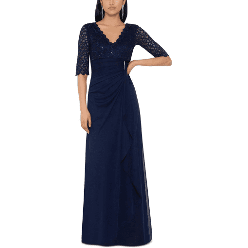 Betsy Adam Lace-Top Waterfall-Detail Gown Navy Blue 12 - Image 2