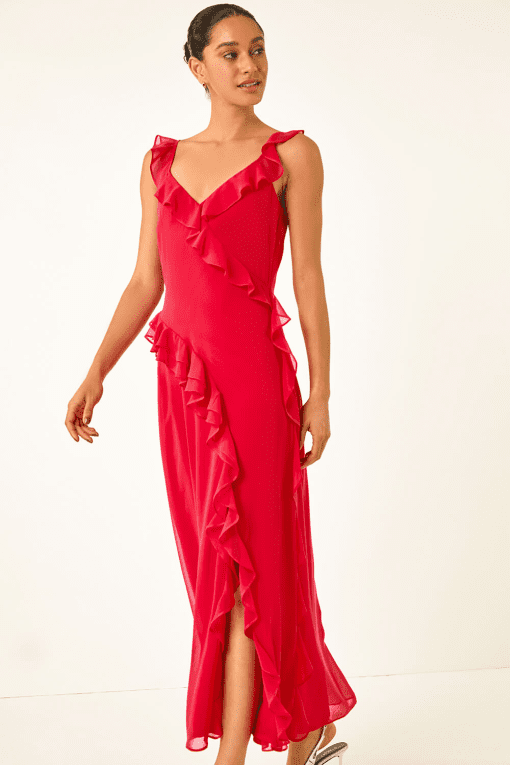 Connected Petite V-Neck Ruffled Gown Fuschia 10P - Image 3