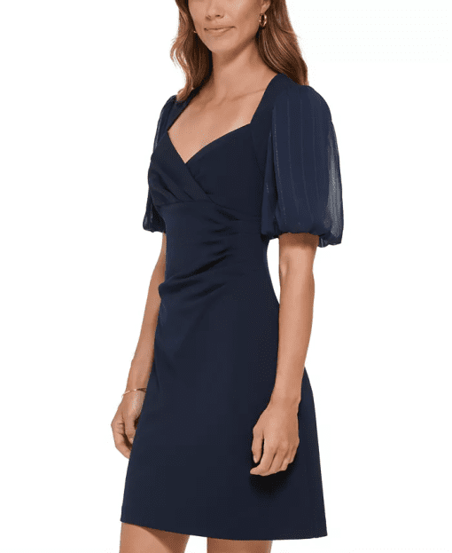 DKNY Womens Puff-Sleeve Mixed-Medi Navy 10 - Image 4