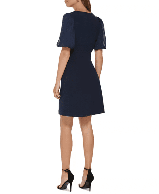 DKNY Womens Puff-Sleeve Mixed-Medi Navy 10 - Image 3