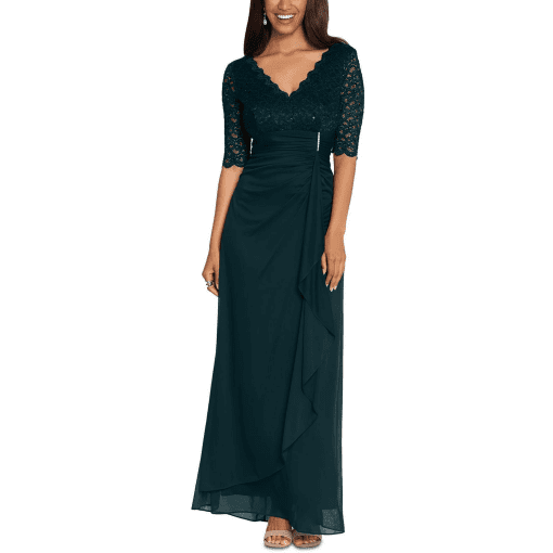 Betsy Adam Lace-Top Waterfall-Detail Gown Pine 10 - Image 2