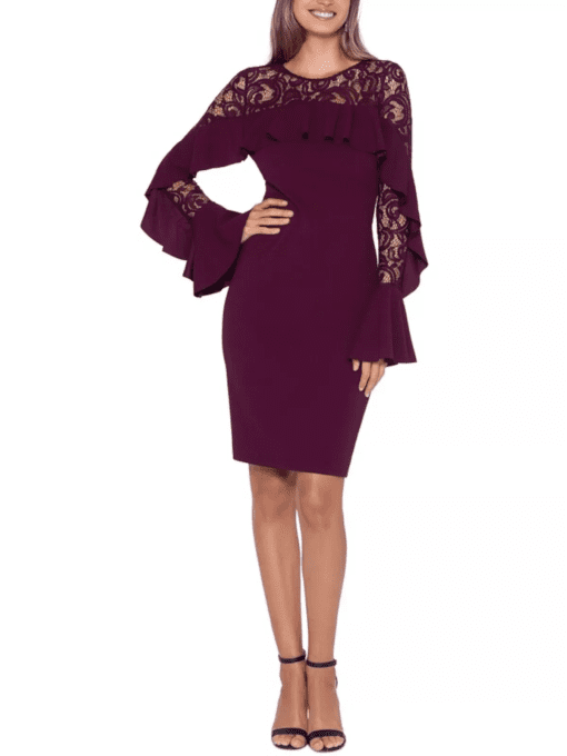 Betsy Adam Ruffled Lace-Yoke Sheath Dress Burgundy 10 - Image 2