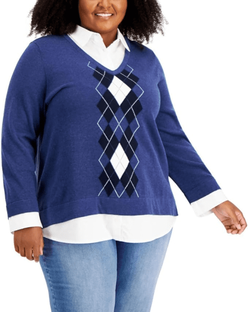 Tommy Hilfiger Plus Blue Argyle Sweater Top - Plus Size - Image 2