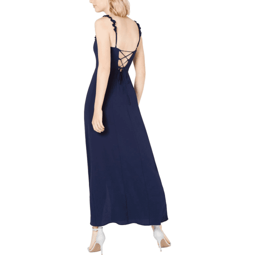 TEEZE ME Womens Navy Slitted Spaghetti Strap Square Neck Midi Wrap Prom Dress Juniors 3/4 - Image 3