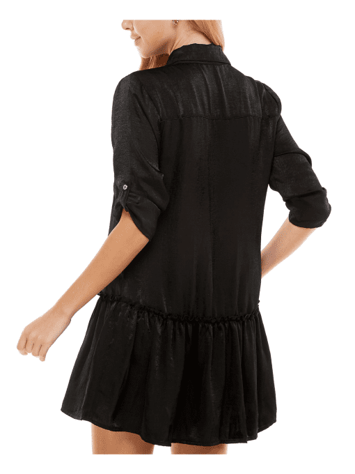 KINGSTON GREY Womens Black Ruffled Pocketed Button Front Roll-tab Sleeve Collared Mini Shirt Dress Juniors M - Image 2