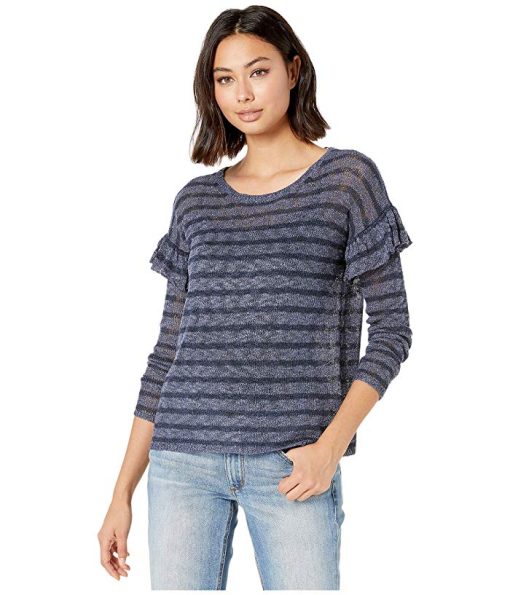 Kensie Indigo Blue Ruffle Sleeve Stripe Sweater L